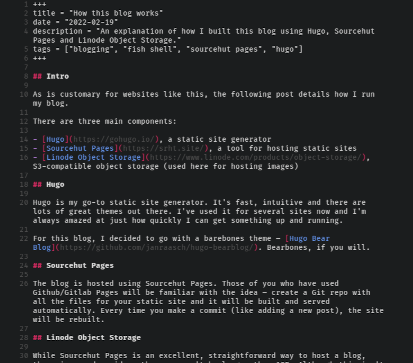 Screenshot of the blog post in Emacs.