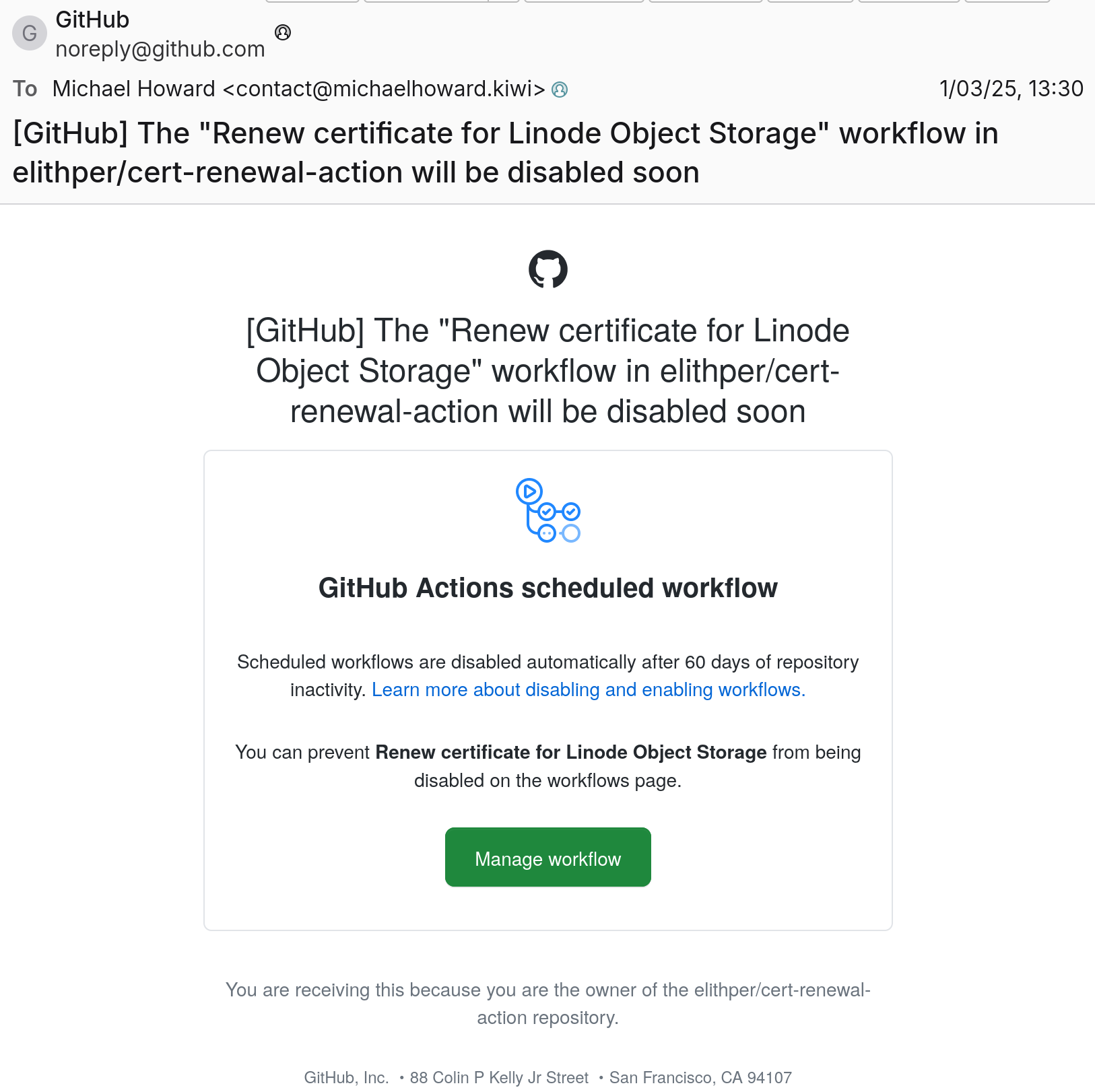 GitHub’s email warning the workflow would be disabled